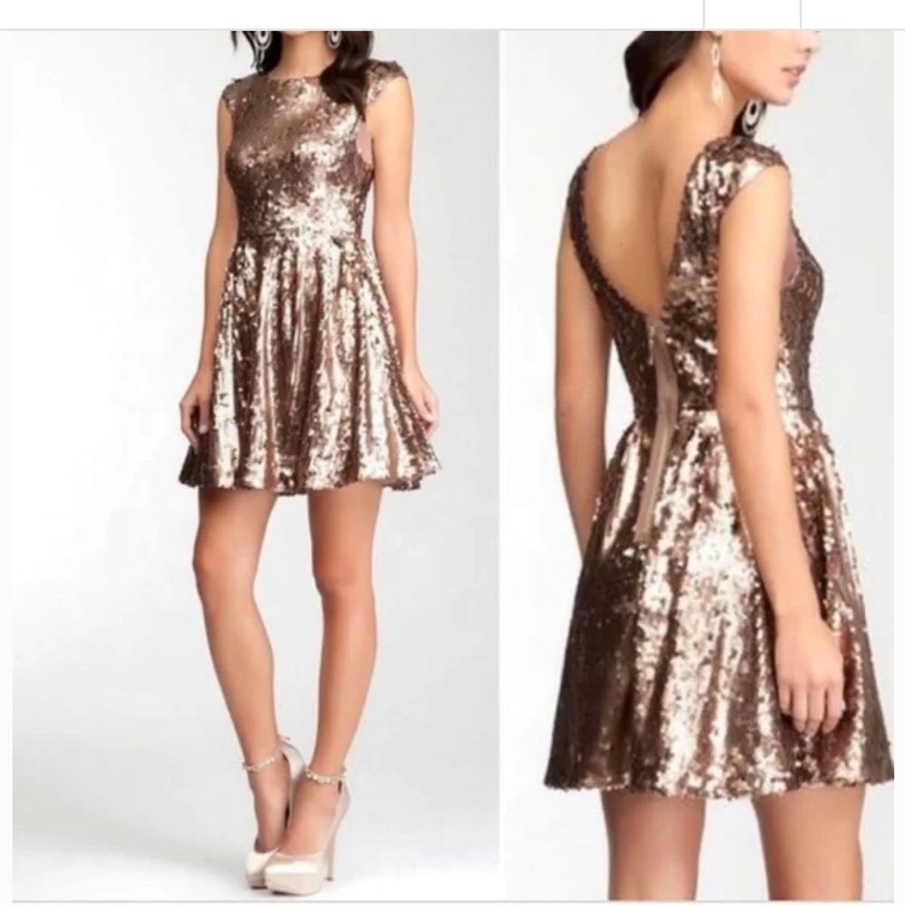 Bebe Sequin Bronze cap sleeve Party Dress SZ M